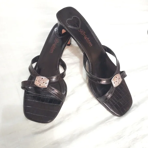 Brighton Black Croc-Embossed Strappy Slide Sandals Made In ITALY in Size 9M - Picture 4 of 9
